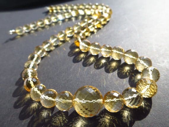 925 sterling Silver Artisan Loose 12mm stacking Yellow Big Citrine Necklace Round, Faceted 17" for mens, womens.