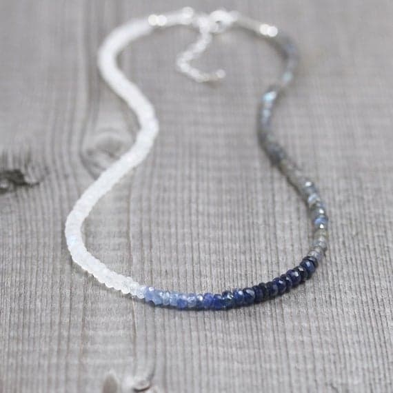 925 sterling Silver Jewelry Energy 3.5mm stacking Multi Blue Sapphire, Labradorite & Rainbow Moonstone Necklace Rondelle, Faceted 16" for mens, womens, gf, bf & Adult.