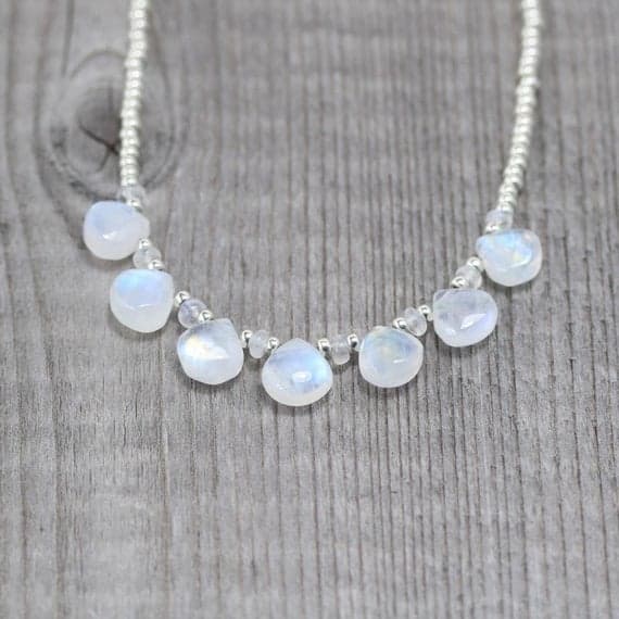 925 sterling Silver Anxiety Relief Calming Silver Helling 3mm stacking White Rainbow Moonstone, Miyuki Seed  Necklace Heart & Rondelle, Faceted 16" for mens, womens, gf, bf & Adult.