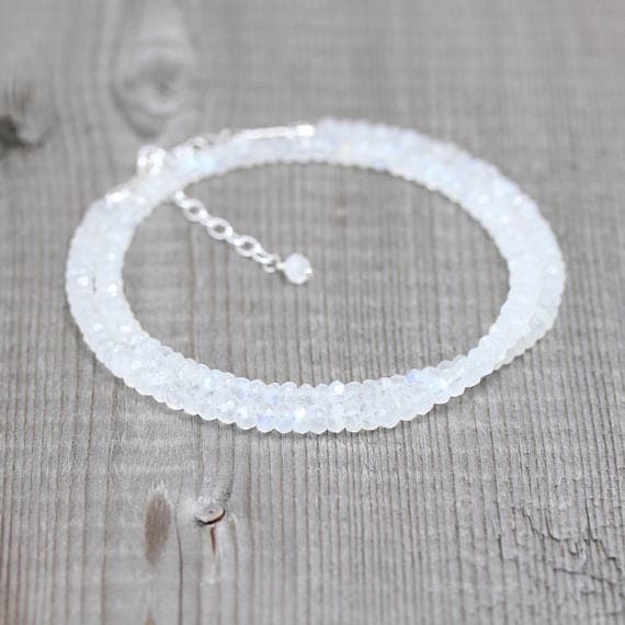 925 sterling Silver chakras simple 3.5-4mm stacking White Rainbow Moonstone Necklace Rondelle, Faceted 16" for mens, womens, gf, bf & Adult.