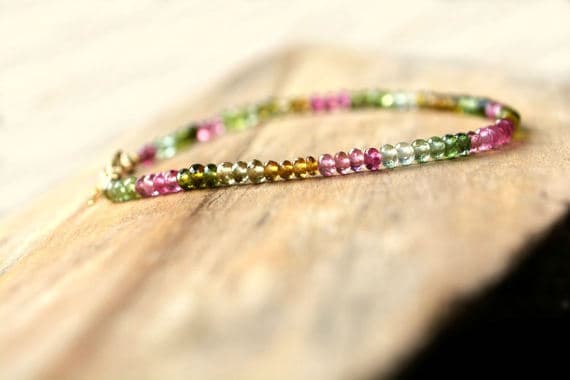 24k gold Plated Personalized Gift 2x3 mm Stracking Multi Pink Brown Green Tourmaline Bracelet Rondelle, Faceted 7" for mens, womens, GF, BF, Adults.