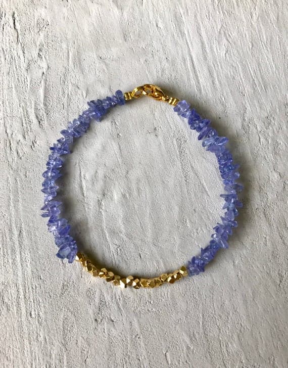24k gold Plated Galaxy Jewelry Gold Helling 3mm stacking Blue tanzanite Bracelet Chips, Faceted 7" for mens, womens, gf, bf & Adult.