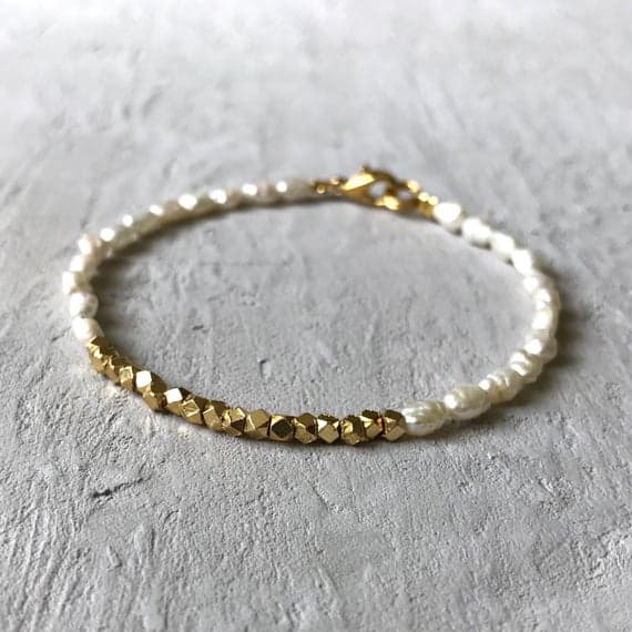 24k gold Plated Positive Energy Gold helling 3-4mm stacking White freshwater pearl Bracelet Oval, Faceted 7" for mens, womens, gf, bf & Adult.