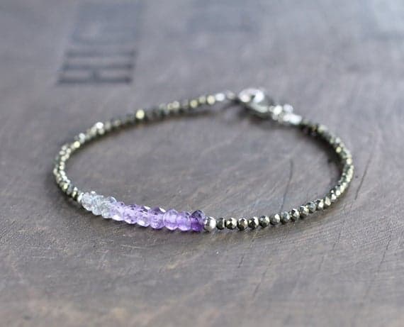 925 sterling silver Rock Gift 2.5-3mm Purple Amethyst, Labradorite & Pyrite  stacking Bracelet Round, Faceted 18cm for mens, womens, gf, bf and adults.