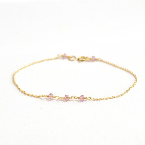 24k gold Plated Personalized Gift 3x2mm stacking Pink Tiny Pink Tourmaline Bracelet Rondelle, Faceted 7" for mens, womens, gf, bf & Adult.