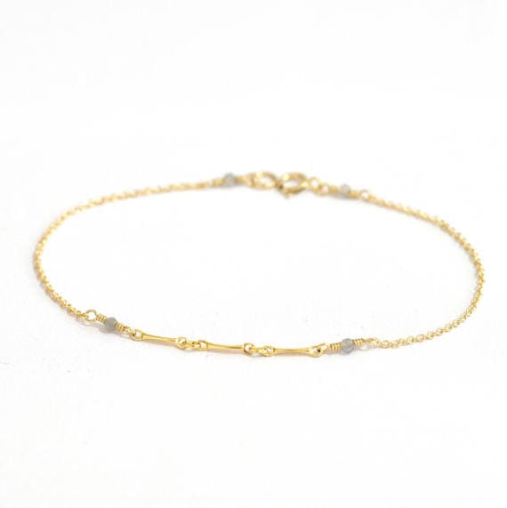 24k gold Plated Natural 2mm stacking Gray Tiny Labradorite Bracelet Round, Smooth 7" for mens, womens, gf, bf & Adult.