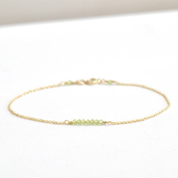 24k gold Plated Anxiety Gemstone 2mm stacking Green Peridot Bracelet Round, Faceted 7" for mens, womens, gf, bf & Adult.