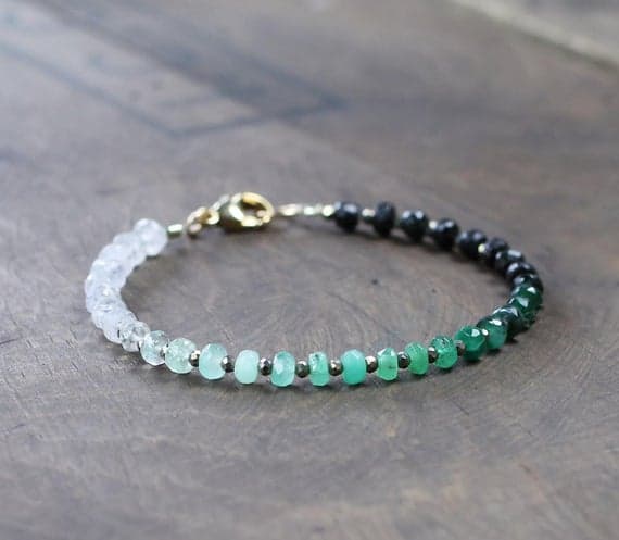 925 sterling silver good luck gift 4mm Multi Colour Moonstone & Emerald stacking Bracelet Rondelle, Faceted 18cm for mens, womens, gf, bf and adults.