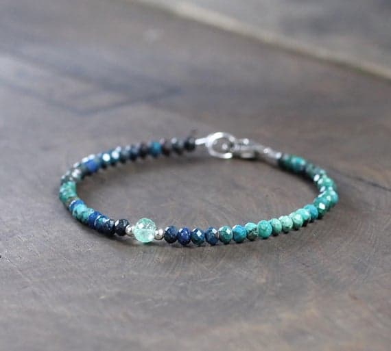 925 sterling silver Anniversary Gift 3-4mm Multi Colour Chrysocolla & Emerald stacking Bracelet Rondelle,Round, Faceted 18cm for mens, womens, gf, bf and adults.