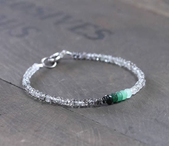 925 sterling silver Personalized Gift 3-3.5mm Multi Colour Black Rutilated Quartz & Ombre Emerald  stacking Bracelet Rondelle, Faceted 18cm for mens, womens, gf, bf and adults.