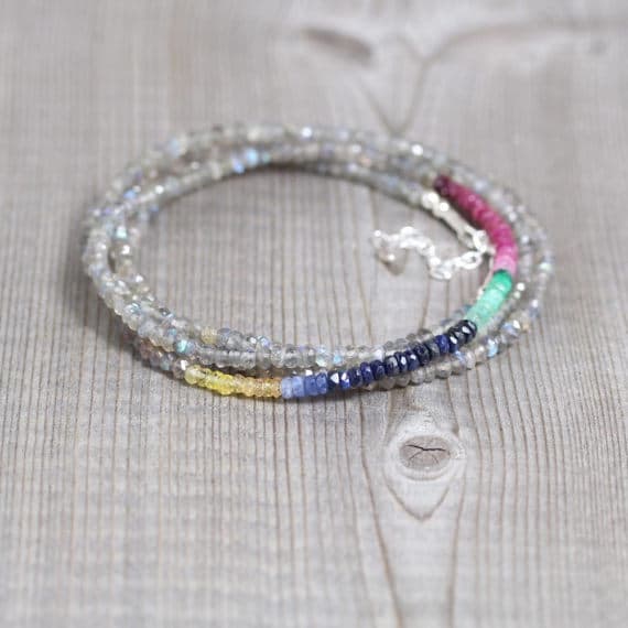 925 sterling Silver Positive Energy 3.5-4mm stacking Multi Sapphire, Ruby, Emerald & Labradorite Necklace Rondelle, Faceted 16" for mens, womens, gf, bf & Adult.
