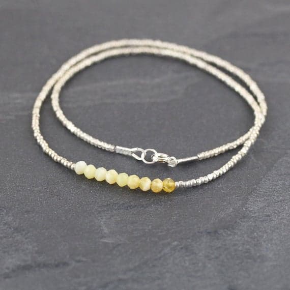 925 sterling Silver Handmade Beaded Silver Helling 4mm stacking Yellow Peruvian Yellow Opal Necklace Round, Faceted 16" for mens, womens, gf, bf & Adult.