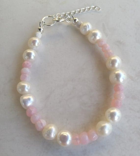 925 sterling Silver Blush Jewelry 3-7mm stacking Pink & White Pearl & Pink Opal Bracelet Round & Rondelle, Smooth 7" for mens, womens, gf, bf & Adult.