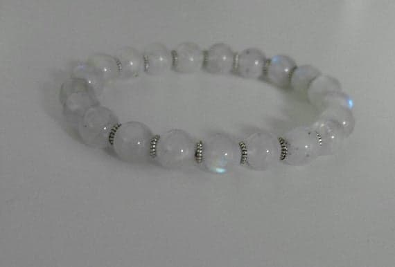 top quality Silver helling 8mm Stretchable White White Moonstone  Bracelet Round, Smooth 7" for mens, womens.