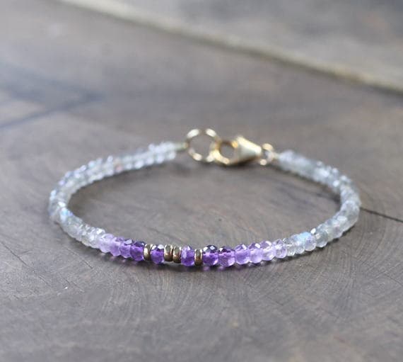 925 sterling Silver Artisan Loose 3-3.5mm stacking Multi Ombre Amethyst & Labraborite Bracelet Rondelle, Faceted 7" for mens, womens.