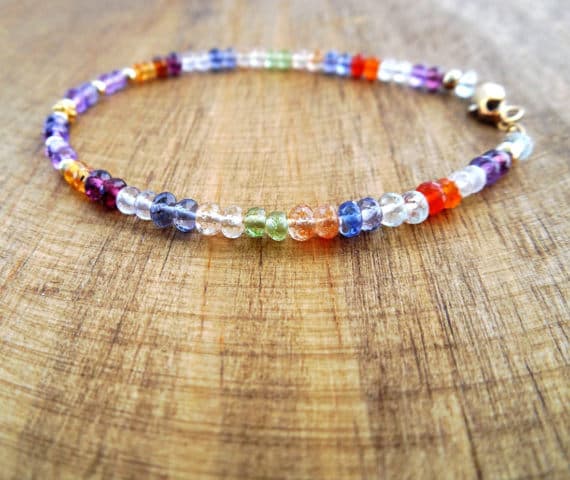 24k gold Plated Unique Wedding Gift 2-3 mm Stracking Multi Multi Gemstone Bracelet Rondelle, Faceted 7" for mens, womens, GF, BF, Adults.
