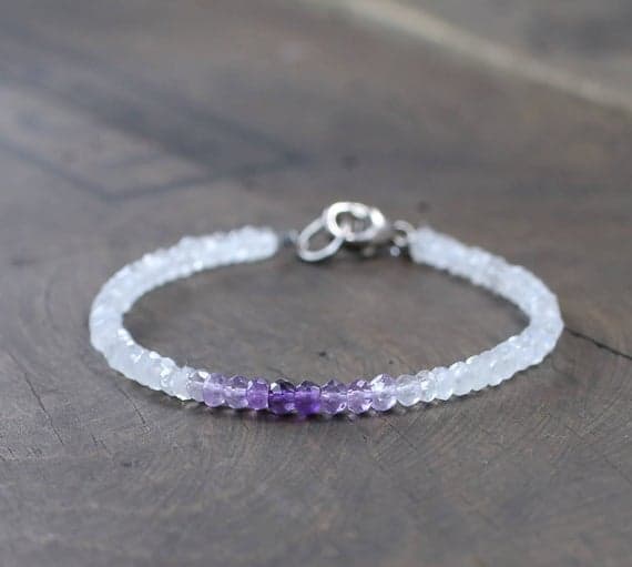 925 sterling silver Anniversary Gift 3-3.5mm Multi Colour Ombre Amethyst & Moonstone stacking Bracelet Rondelle, Faceted 18cm for mens, womens, gf, bf and adults.