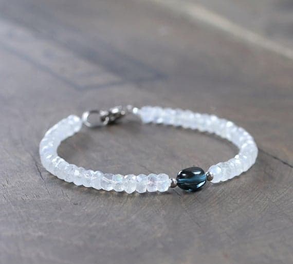 925 sterling silver Grounding 8-9mm Multi Colour Moonstone & London Blue Topaz stacking Bracelet Rondelle,oval, Faceted,smooth 18cm for mens, womens, gf, bf and adults.