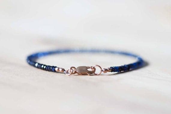 24k gold Unique Wedding Gift 3mm Blue Sapphire stacking Bracelet Rondelle, Faceted 18cm for mens, womens, gf, bf and adults.