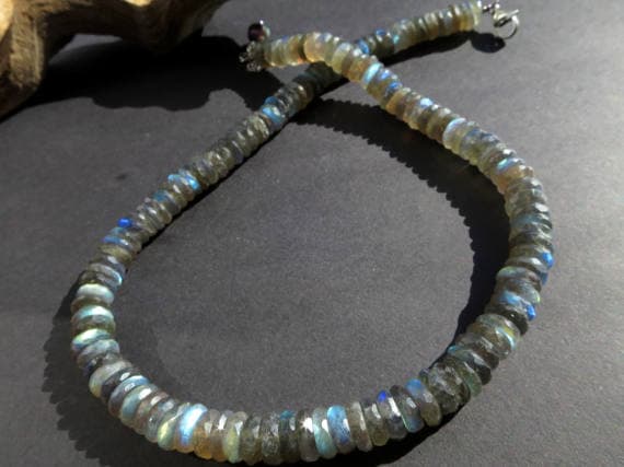 925 sterling Silver Rock Gift 10mm stacking Blue BLUE FIRE labradorite Necklace Rondelle, Faceted 17" for mens, womens.