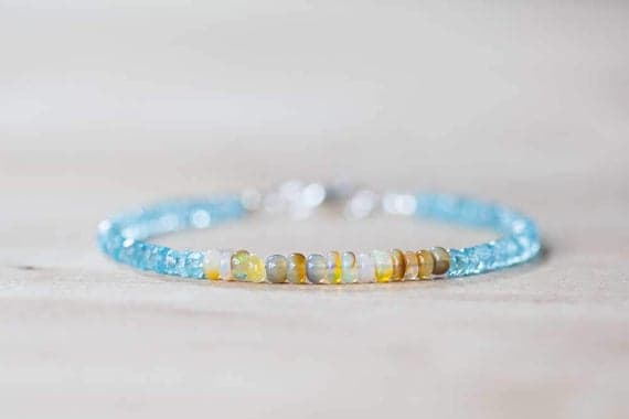 925 sterling silver Artisan Loose 3.5-4mm Multi Colour Aqua Apatite & Ethiopian Opal  stacking Bracelet Rondelle, Smooth 18cm for mens, womens, gf, bf and adults.