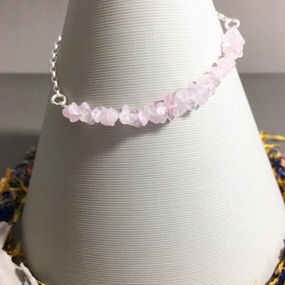 925 sterling Silver Positive Energy 4x6mm stacking Pink Rose Quartz  Bracelet Chips, Faceted 7" for mens, womens, gf, bf & Adult.