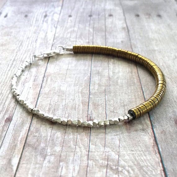 925 sterling silver Rock Gift 4mm Gold Heishi  stacking Bracelet Rondelle, Faceted 18cm for mens, womens, gf, bf and adults.