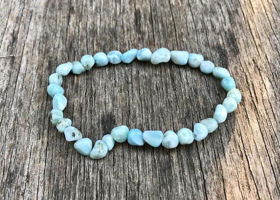 memorial gift 6mm Stretchable Sky Blue Larimar Bracelet Chips, Smooth 7" for mens, womens, gf, bf & Adult.