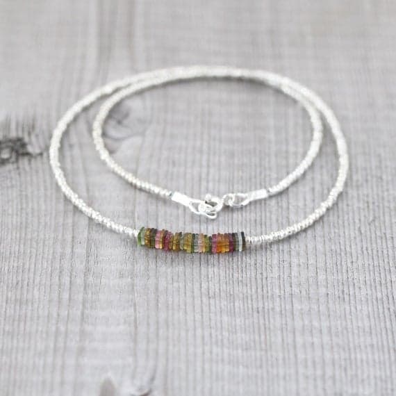 925 sterling Silver memorial gift 3.5mm stacking Multi Watermelon Tourmaline  Necklace Square, Faceted 16" for mens, womens, gf, bf & Adult.