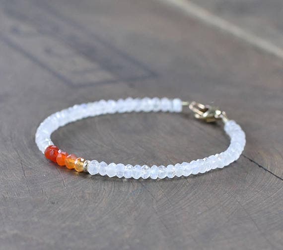 925 sterling Silver Jewelry Energy 3-3.5mm stacking Multi Ombre Carnelian & Moonstone Bracelet Rondelle, Faceted 7" for mens, womens.