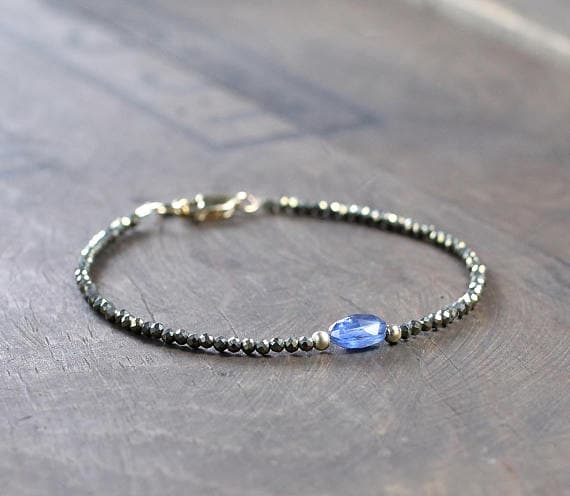 925 sterling silver Artisan Loose 2.5mm Blue Pyrite & Blue Kyanite stacking Bracelet oval, Faceted 18cm for mens, womens, gf, bf and adults.