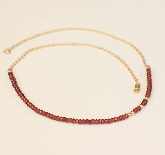 24k gold Plated good luck gift Gold Helling 3-4mm stacking Red Garnet Necklace Rondelle, Faceted 16" for mens, womens, gf, bf & Adult.