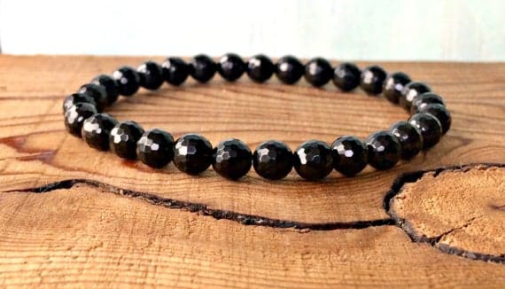 Grounding 6mm Stretchable Black Black Tourmaline Bracelet Round, Faceted 7" for mens, womens, gf, bf & Adult.