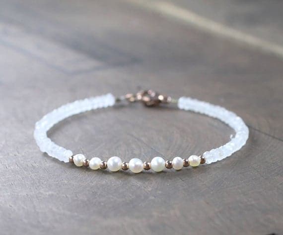 24k gold Galaxy Jewelry 3-4mm White Moonstone & Freshwater Pearl stacking Bracelet Rondelle,Round, Faceted,smooth 18cm for mens, womens, gf, bf and adults.