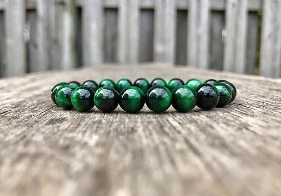 Handmade Beaded 8mm Stretchable Green Green Tigers Eye Bracelet Round, Smooth 7" for mens, womens, gf, bf & Adult.