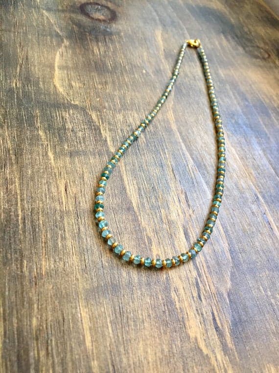24k gold Plated Bridesmaid Jewelry Gold Helling 3-4mm stacking Blue Apatite Necklace Rondelle, Faceted 16" for mens, womens, gf, bf & Adult.