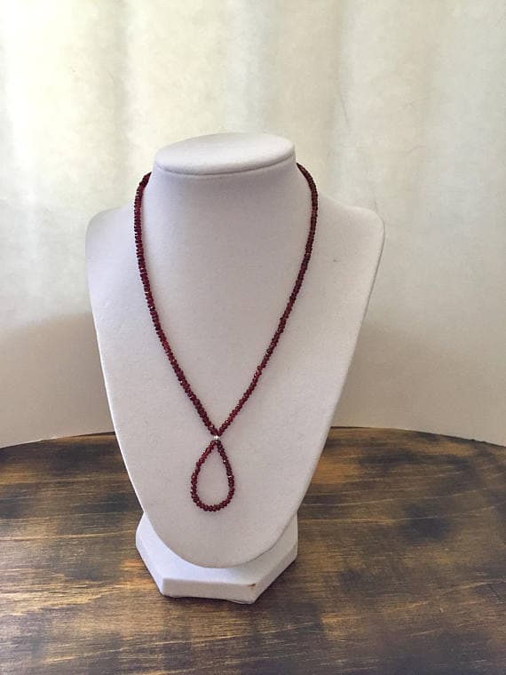 925 sterling Silver Artisan Loose 3mm stacking Red Garnet Necklace Rondelle, Faceted 17" for mens, womens, gf, bf & Adult.