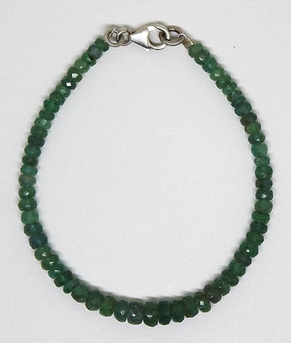 925 steling silver Artisan Loose 4-6mm Stracking green Emerald Bracelet Rondelle, Faceted 7" for mens, womens, GF, BF, Adults.