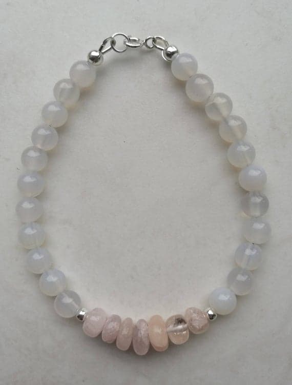 925 sterling Silver Anxiety Relief Calming Silver Helling 3-5mm stacking Pink & White Morganite, White agate Bracelet Round & Rondelle, Smooth 7" for mens, womens, gf, bf & Adult.