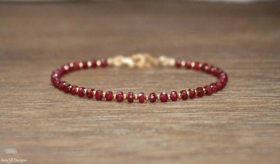 925 sterling Silver Handmade Beaded Gold Helling 3mm stacking Red Ruby Bracelet Rondelle, Faceted 7" for mens, womens, gf, bf & Adult.
