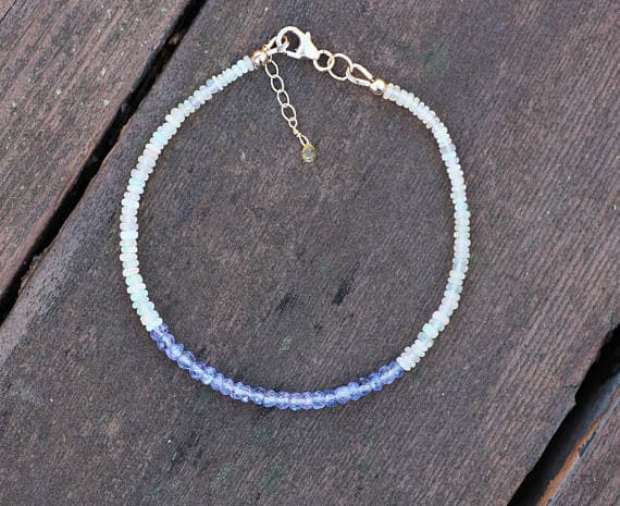 24k gold Plated Jewelry Energy Gold Helling 2.5-3mm stacking Blue & White Natural Ethiopian Wello Opal and Tanzanite Bracelet Rondelle, Faceted & Smooth 7" for mens, womens, gf, bf & Adult.