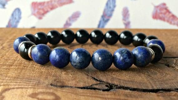 Anniversary Gift 8mm Stretchable black & Blue Black Tourmaline & Lapis Lazuli Bracelet Round , Smooth 7" for mens, womens, gf, bf & Adult.
