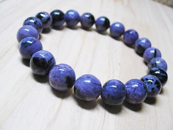 good luck gift 10mm Stretchable blue Charoite Bracelet Round, Smooth 7.5" for mens, womens, GF, BF, Adults.