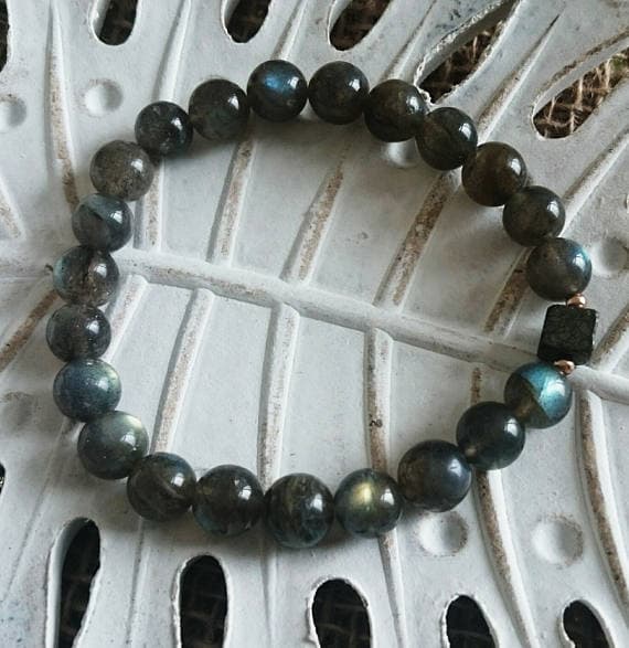 Labradorite Bracelet, Blue Flash, Mystic Labradorite Bracelet, Gift For Her, Mystic Light, Pyrite Bracelet, Semi Precious Stone Bracelet 8mm Code- WAR6880