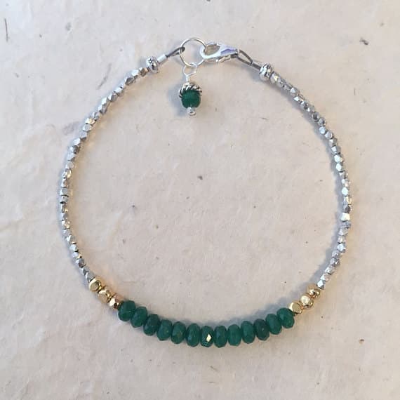 Emerald Jade Karen Hill Tribe Thai Silver Beaded Bracelet, Sundance Style, Birthday Gift Mother's Day Gift, Boho Stacking Bracelet 3-5mm Code- WAR6464