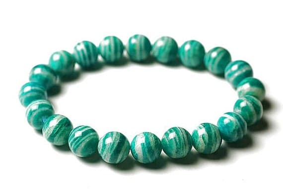 Unique Wedding Gift 10mm Blue Russian Amazonite Stretchable Bracelet round, Smooth 18cm for mens, womens, gf, bf and adults.