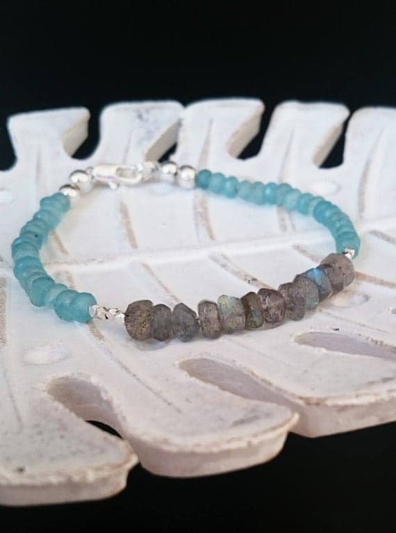 Labradorite Bracelet Chalcedony Bracelet Karen Hill Tribe Silver Bracelet Blue Flash Hill Tribe Silver Bracelet Womens Gift Gift for Her 4-6mm Code- WAR6879