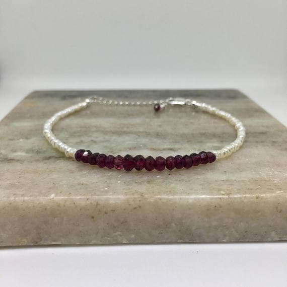 925 sterling Silver Blush Jewelry 2x1-3x2mm stacking Red & White Garnet & Pearl  Bracelet Rondelle, Faceted 7" for mens, womens, gf, bf & Adult.