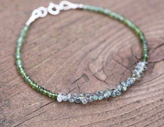 925 sterling Silver Unique Wedding Gift 2-3mm stacking Green & Gray Tiny Green Natural Sapphire Briolette and Green Tourmaline  Bracelet Drop & Rondelle, Faceted & Smooth 7" for mens, womens, gf, bf & Adult.