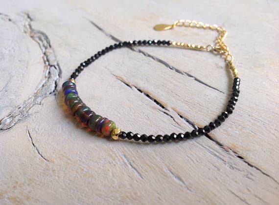 Bracelet, Black Ethiopan Opal, Black Spinel, 24k Gold Vermeil Karen Hill Tribe beads , Bohemian 5 mm Code- WAR6369
